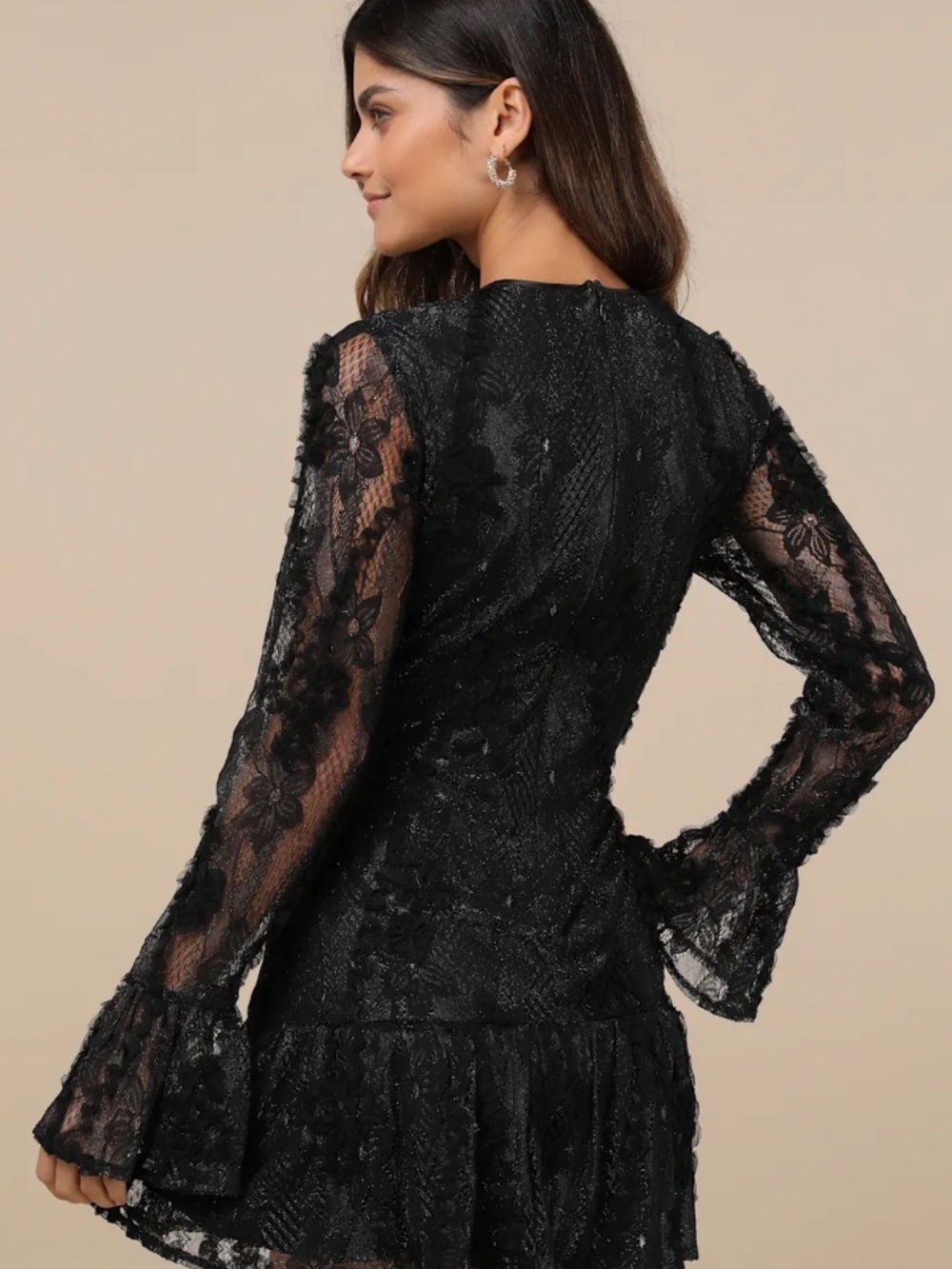 Lulu's Darling Era Black Lace Appliqué Long Sleeve Ruffled Mini Dress - Picture 3 of 5